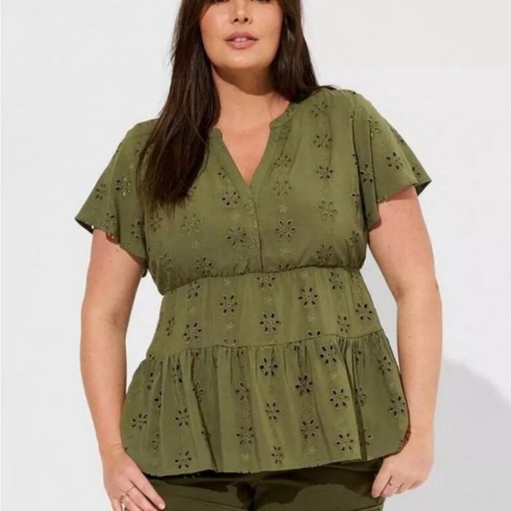Torrid Olive Tiered Eyelet Babydoll Blouse Size 1X